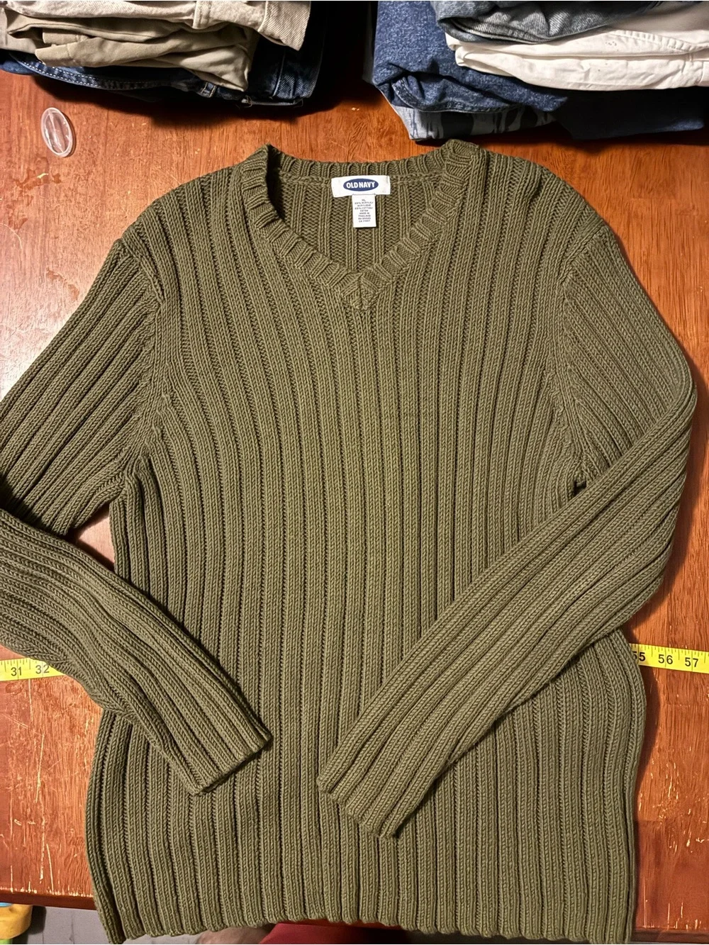 Vintage Y2K Old Navy Ribbed V Neck Sweater Mens XL Olive Green 90s Grunge